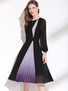 Women's Round Neck Long Sleeve Nipped Waist Chiffon Dress