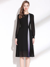 Women's Round Neck Long Sleeve Nipped Waist Chiffon Dress