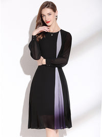 Women's Round Neck Long Sleeve Nipped Waist Chiffon Dress