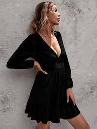 Golden velvet deep V-neck bubble sleeve velvet ruffle dress