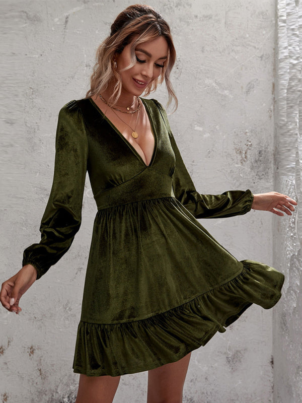 Golden velvet deep V-neck bubble sleeve velvet ruffle dress