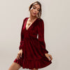 Golden velvet deep V-neck bubble sleeve velvet ruffle dress