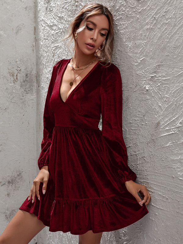 Golden velvet deep V-neck bubble sleeve velvet ruffle dress