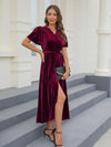 Split strap big pit strip gold velvet medium length dress dress