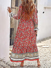 Women's Bohemian V Neck Elastic Waist Long Sleeves Swing Long Dress