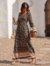 Women's Bohemian V Neck Elastic Waist Long Sleeves Swing Long Dress