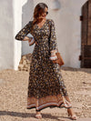 Women's Bohemian V Neck Elastic Waist Long Sleeves Swing Long Dress