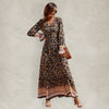 Women's Bohemian V Neck Elastic Waist Long Sleeves Swing Long Dress