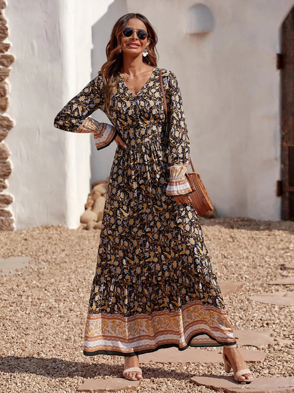 Women's Bohemian V Neck Elastic Waist Long Sleeves Swing Long Dress