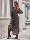 Women's Bohemian V Neck Elastic Waist Long Sleeves Swing Long Dress