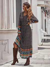 Women's Bohemian V Neck Elastic Waist Long Sleeves Swing Long Dress