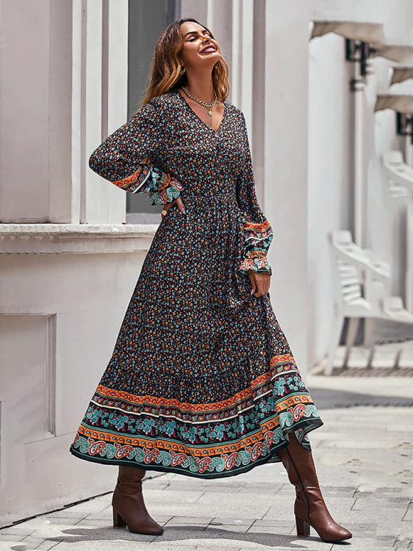 Women's Bohemian V Neck Elastic Waist Long Sleeves Swing Long Dress