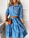 Women's Belted Tiered Skirt Long Sleeve Denim Shirt Dress