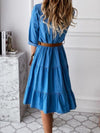 Women's Belted Tiered Skirt Long Sleeve Denim Shirt Dress