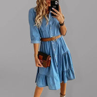 Women's Belted Tiered Skirt Long Sleeve Denim Shirt Dress