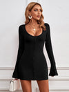 Women's Sexy hip skirt single-breasted U-neck knitted long-sleeved temperament dress