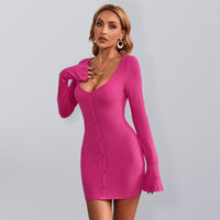 Women's Sexy hip skirt single-breasted U-neck knitted long-sleeved temperament dress