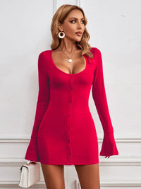 Women's Sexy hip skirt single-breasted U-neck knitted long-sleeved temperament dress