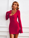 Women's Sexy hip skirt single-breasted U-neck knitted long-sleeved temperament dress