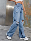 Women's Fashion ripped high waist wide leg casual denim trousers