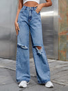 Women's Fashion ripped high waist wide leg casual denim trousers