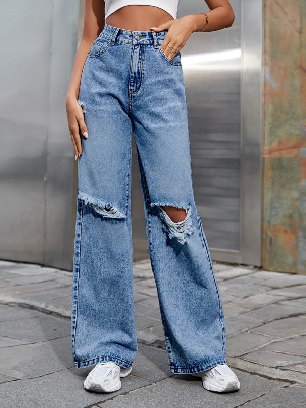 Women's Fashion ripped high waist wide leg casual denim trousers