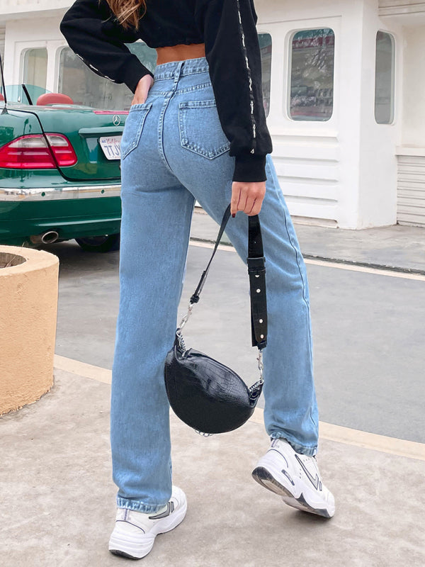 Women's high waist all-match denim straight-leg trousers