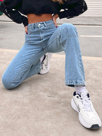 Women's high waist all-match denim straight-leg trousers