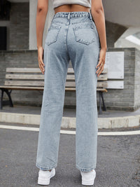 Women's high waist all-match denim straight-leg trousers