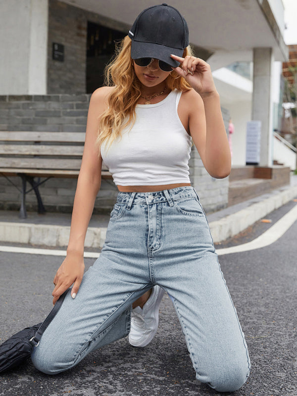 Women's high waist all-match denim straight-leg trousers