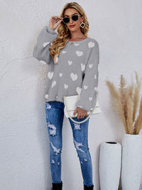 Valentine's Day Knitted Heart Round Neck Knit Pullover Long Sleeve Sweater Women