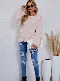 Valentine's Day Knitted Heart Round Neck Knit Pullover Long Sleeve Sweater Women