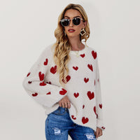 Valentine's Day Knitted Heart Round Neck Knit Pullover Long Sleeve Sweater Women