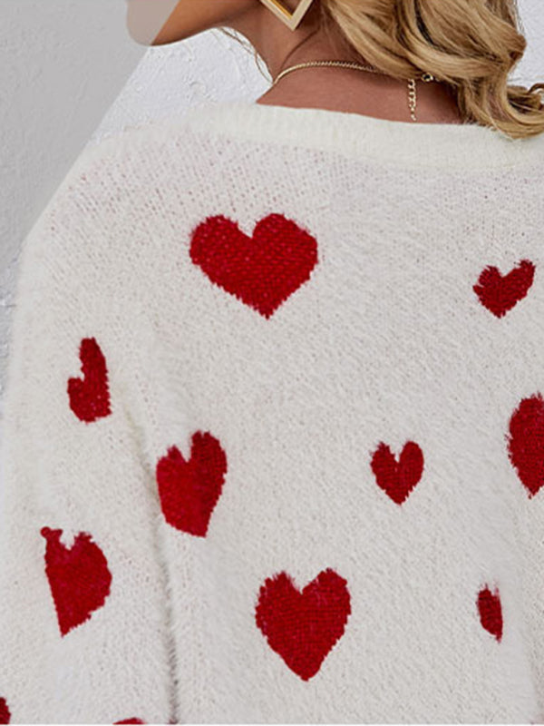 Valentine's Day Knitted Heart Round Neck Knit Pullover Long Sleeve Sweater Women