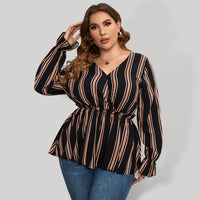 Ladies plus size shirt striped long sleeve waist shirt