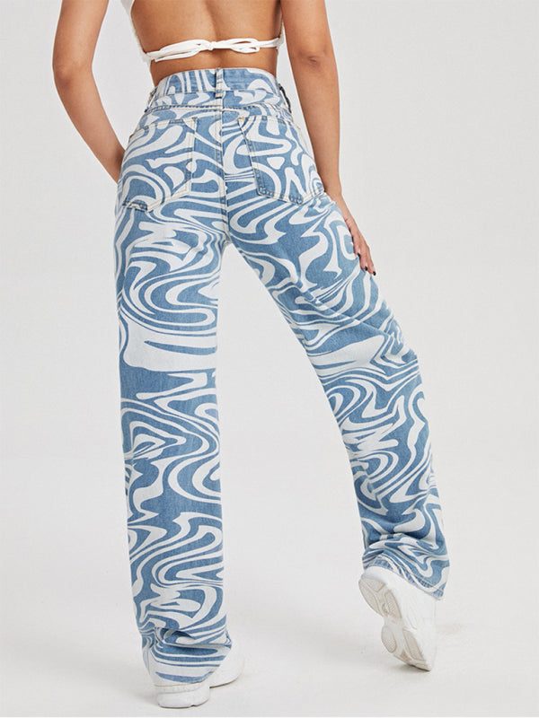 Women's loose water ripple printed straight denim trousers