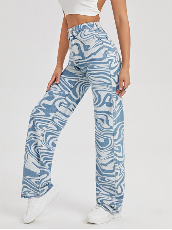 Women's loose water ripple printed straight denim trousers