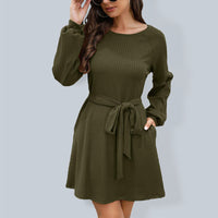 Ladies Mid Length Solid Color Belted Dress