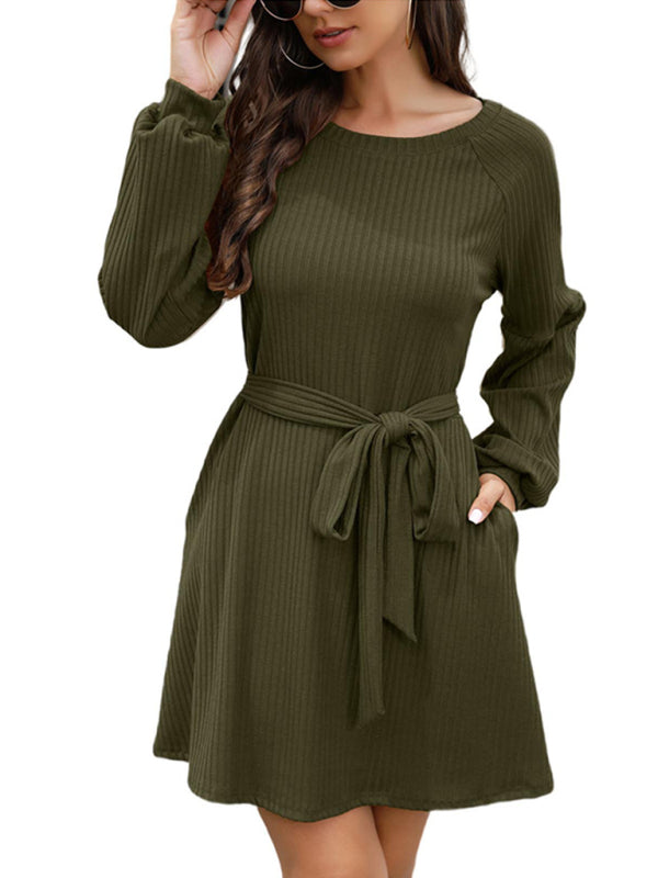 Ladies Mid Length Solid Color Belted Dress