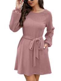 Ladies Mid Length Solid Color Belted Dress