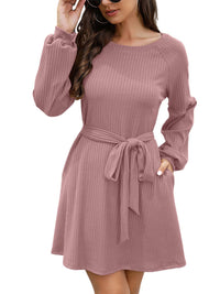 Ladies Mid Length Solid Color Belted Dress