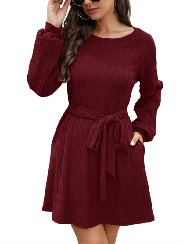 Ladies Mid Length Solid Color Belted Dress