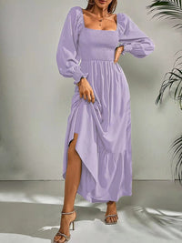 Women's Solid Color Smocked Long Sleeve Tiered Maxi Dress