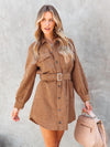 Women's casual solid color corduroy tie shirt dress