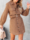 Women's casual solid color corduroy tie shirt dress