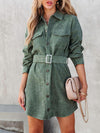 Women's casual solid color corduroy tie shirt dress