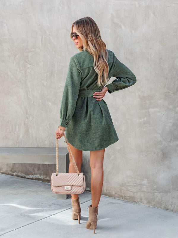 Women's casual solid color corduroy tie shirt dress