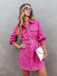 Women's casual solid color corduroy tie shirt dress