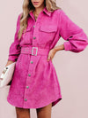 Women's casual solid color corduroy tie shirt dress