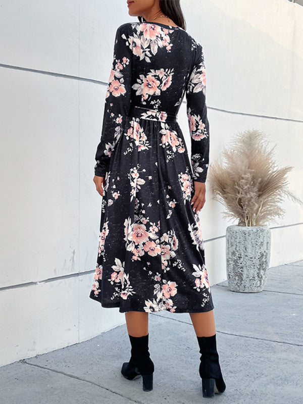 Women's Floral Print Faux Wrap Waist Tie Midi Dress
